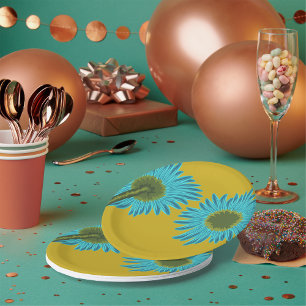 Plato De Papel Audaz arte de margarita azul sobre fondo amarillo