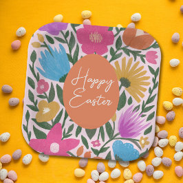 Plato De Papel Audaz Colorido Floral Elegante Pascua | Huevo Nara