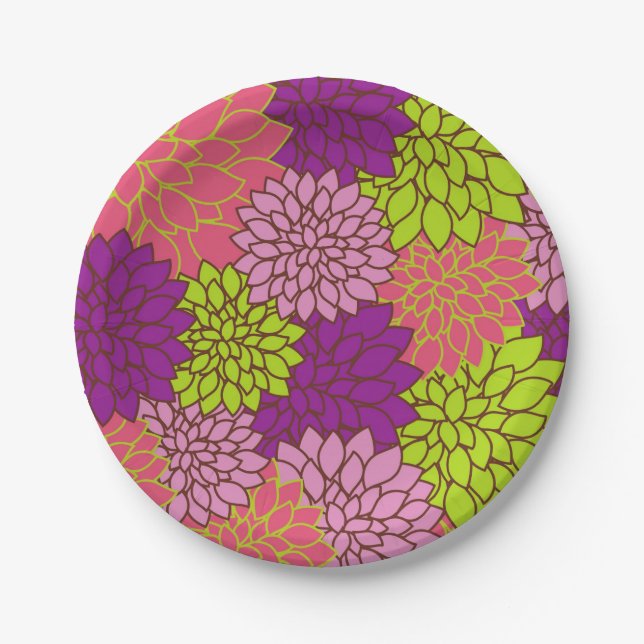 Plato De Papel Audaz diseño floral en verde limón, rosa, morado (Anverso)