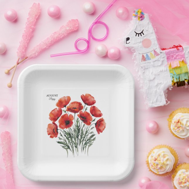 Plato De Papel August Poppy Bloom - Regalo de cumpleaños personal (Fiesta)