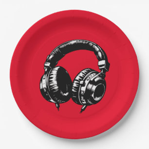 Plato De Papel Auriculares de Música Negros Fiesta de Cumpleaños 