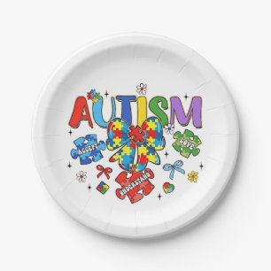 Plato De Papel Autismo Conciencia Bow Coquette Puzzle Piece Neuro
