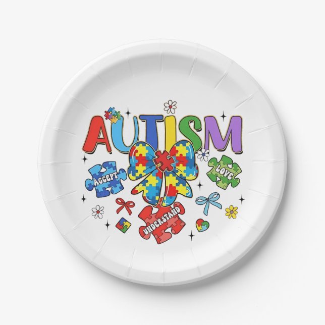 Plato De Papel Autismo Conciencia Bow Coquette Puzzle Piece Neuro (Anverso)