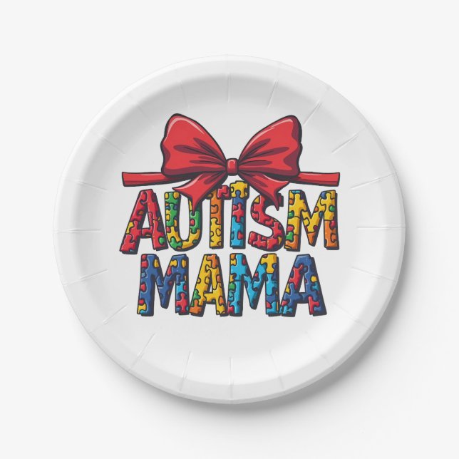 Plato De Papel Autismo Mama Bow Coquette Mom Autism Awareness (Anverso)