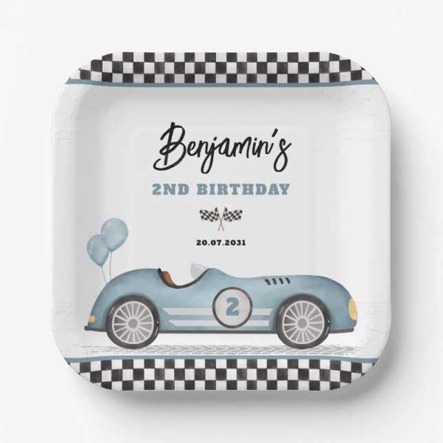 Plato De Papel Auto de la carrera azul Retro Dos niño rápido Segu (Anverso)