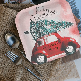 Plato De Papel Auto rojo vintage con un árbol de Navidad atado al