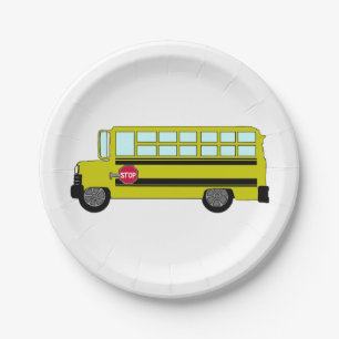 Plato De Papel Autobús Escolar Amarillo con Señal de Parada
