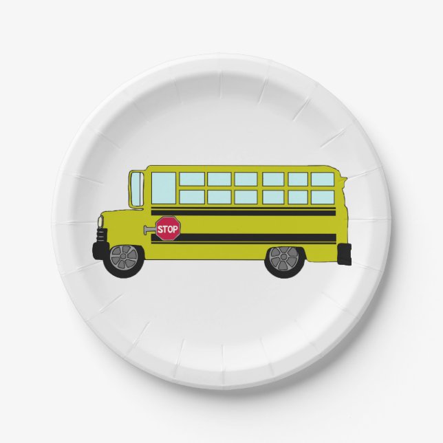 Plato De Papel Autobús Escolar Amarillo con Señal de Parada (Anverso)