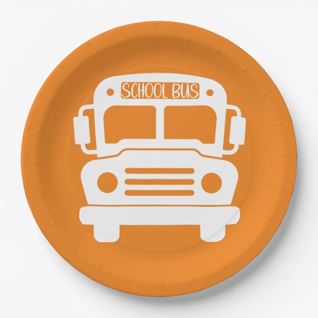 Plato De Papel Autobús escolar blanco con antecedentes de Naranja (Anverso)