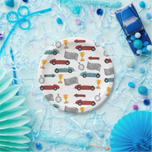 Plato De Papel Autos de Carreras vintage Blue & Red Fast Retro