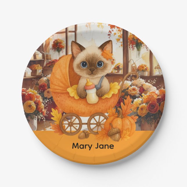 Plato De Papel Autumn Baby Shower para los amantes del gato (Anverso)