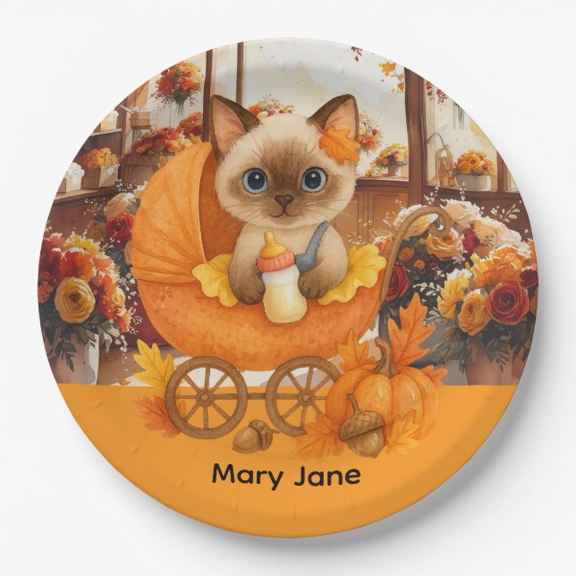Plato De Papel Autumn Baby Shower para los amantes del gato (Anverso)