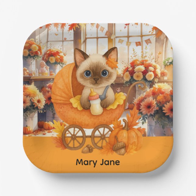 Plato De Papel Autumn Baby Shower para los amantes del gato (Anverso)