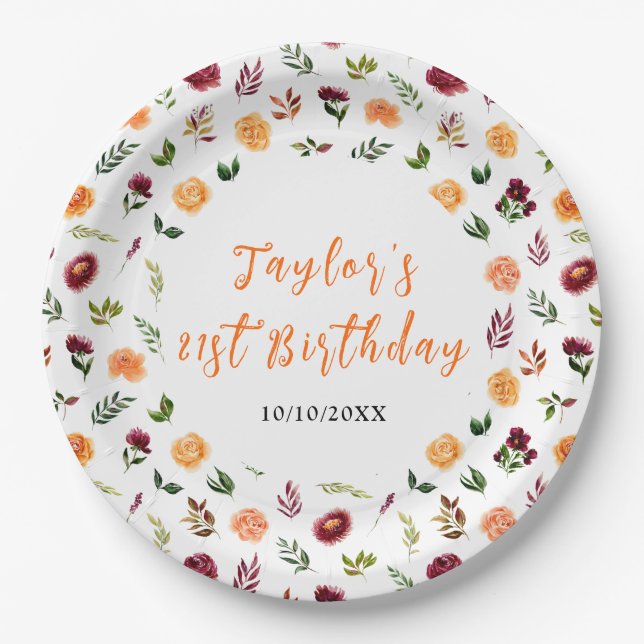 Plato De Papel Autumn Burgundy and Orange Floral Birthday (Anverso)