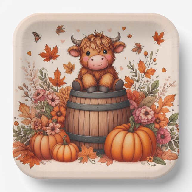 Plato De Papel Autumn Highland Cow Paper Plates  (Anverso)