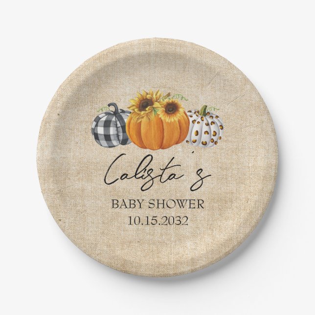 Plato De Papel Autumn Pumpkin Sunflower Burlap Baby Shower (Anverso)