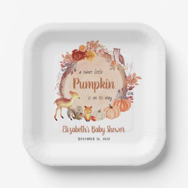 Plato De Papel Autumn Woodland Animals Pumpkin Baby Shower (Anverso)