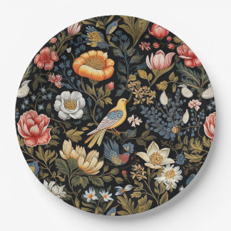 Plato De Papel Ave amarillo anaranjado y vintage de flores