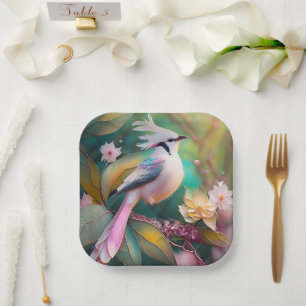 Plato De Papel Ave de Rubor con cresta blanca Jay Fantasy