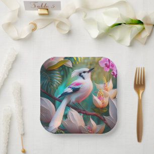 Plato De Papel Ave Fantasía Pájaro de Rubor con cresta blanca