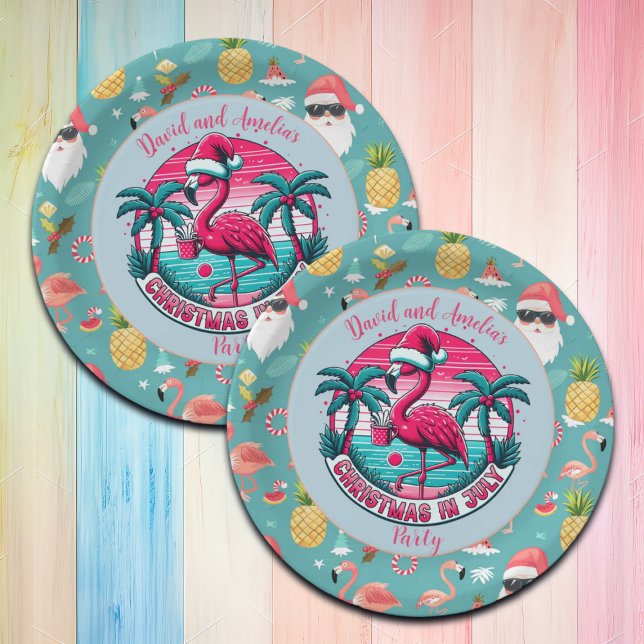 Plato De Papel Ave Flamingo con Navidades Gorras en Fiesta de jul (Subido por el creador)