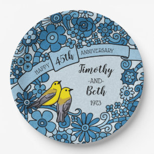 Plato De Papel Ave floral Sapphire, 45 Aniversario Personalizado