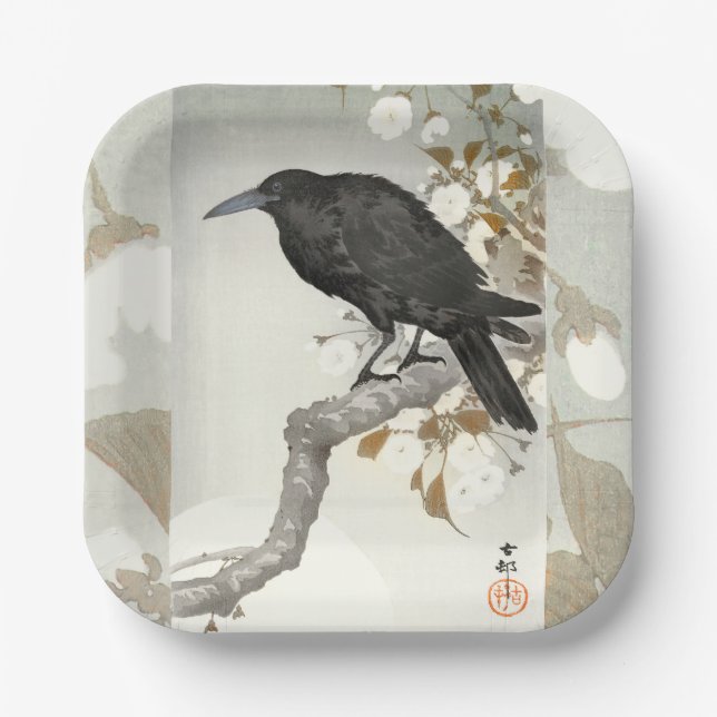 Plato De Papel Ave japonesa Crow Raven Koson (Anverso)