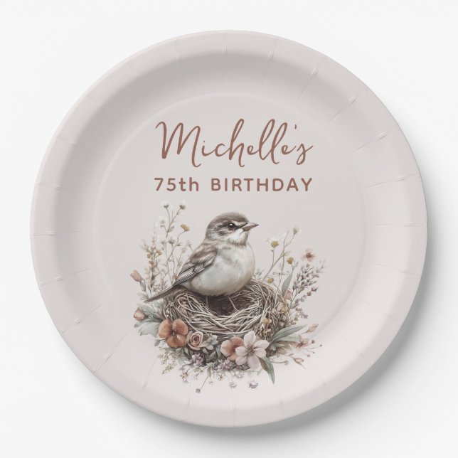 Plato De Papel Ave Nest Terracotta Rosa 75 cumpleaños (Anverso)