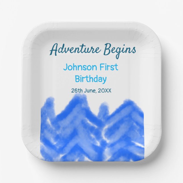 Plato De Papel Aventura azul Aqua empieza la primera montaña de c (Anverso)