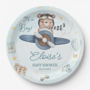 Plato De Papel Aventura Cute Oso Azul Plano Oh Boy Baby Shower