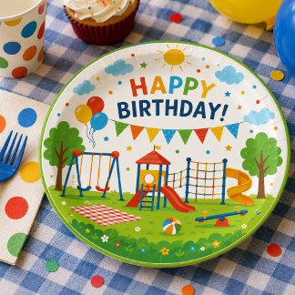 Plato De Papel Aventura en el Parque de Juegos Cumpleaños 6 Fiest