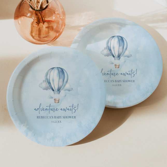 Plato De Papel ¡Aventura espera! Baby Shower Blue Hot Air Balloon (Subido por el creador)