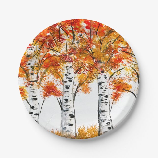 Plato De Papel Aves acuáticas Árboles otoño hojas naranjas otoño (Anverso)