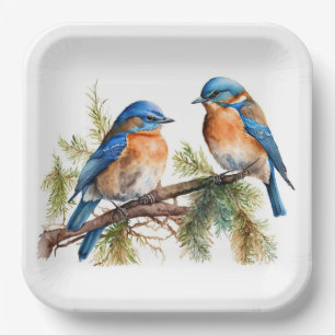 Plato De Papel Aves azules de color agua en la pina