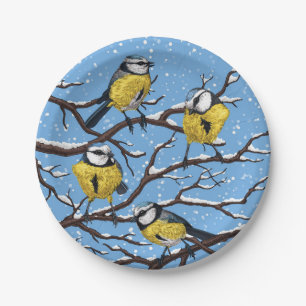 Plato De Papel Aves azules en invierno