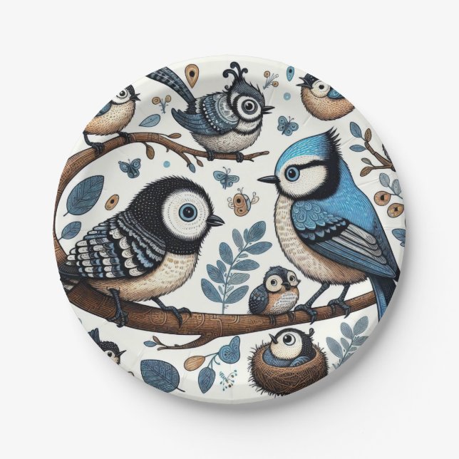 Plato De Papel Aves Azules Quirky (Anverso)