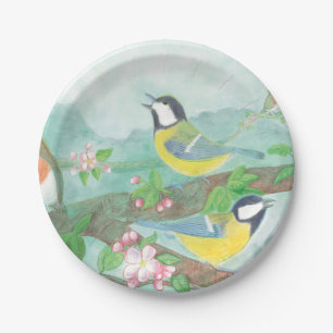 Plato De Papel Aves cantando en una rama de árbol floreciente