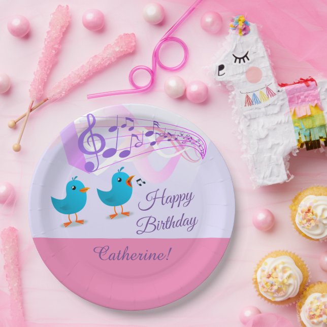 Plato De Papel Aves cantando Feliz Cumpleaños Girly Pink Music No (Fiesta)