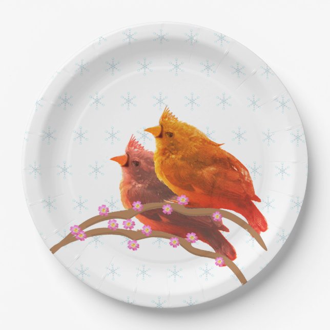 Plato De Papel Aves cardinales y copos de nieve (Anverso)