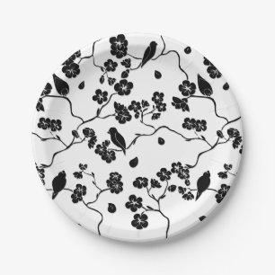Plato De Papel Aves con motivos blancos y negros en flores de cer