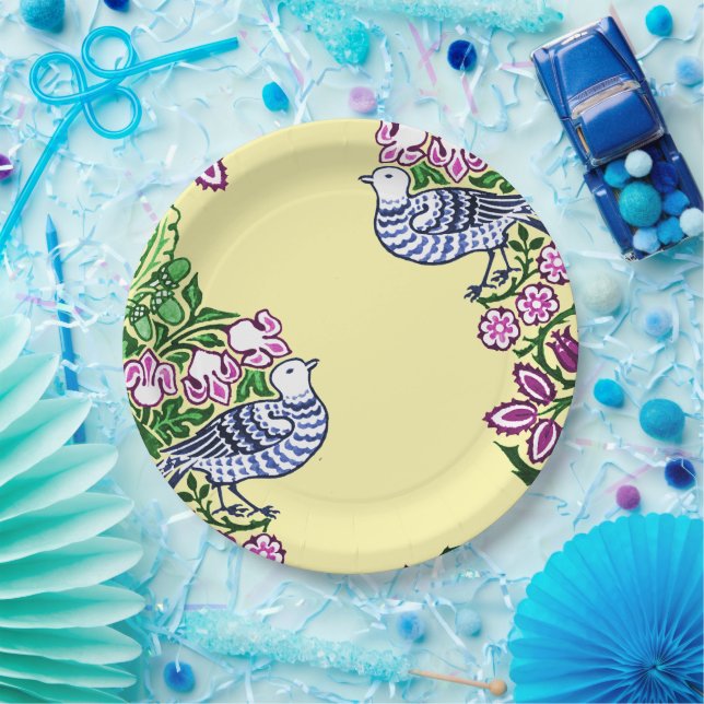 Plato De Papel Aves de Arte Popular Flores Acorns (Fiesta)