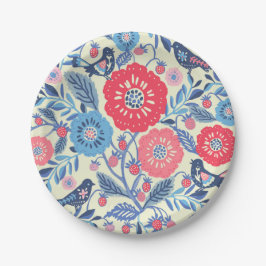 Plato De Papel Aves De Arte Popular Fresa Y Flores