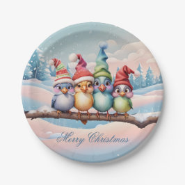 Plato De Papel Aves de fantasía con gorras Navidades.