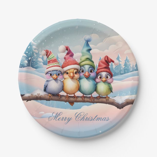 Plato De Papel Aves de fantasía con gorras Navidades. (Anverso)