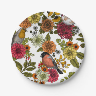 Plato De Papel Aves de jardín y flores 1
