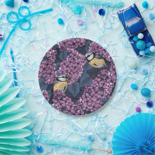 Plato De Papel Aves en un jardín lila violeta (Fiesta)