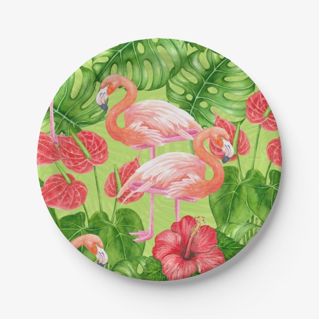 Plato De Papel Aves flamencas y plantas tropicales (Anverso)