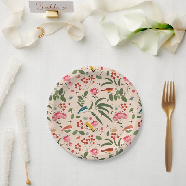 Plato De Papel Aves florales dibujadas a mano Patrón botánico de  (Boda)