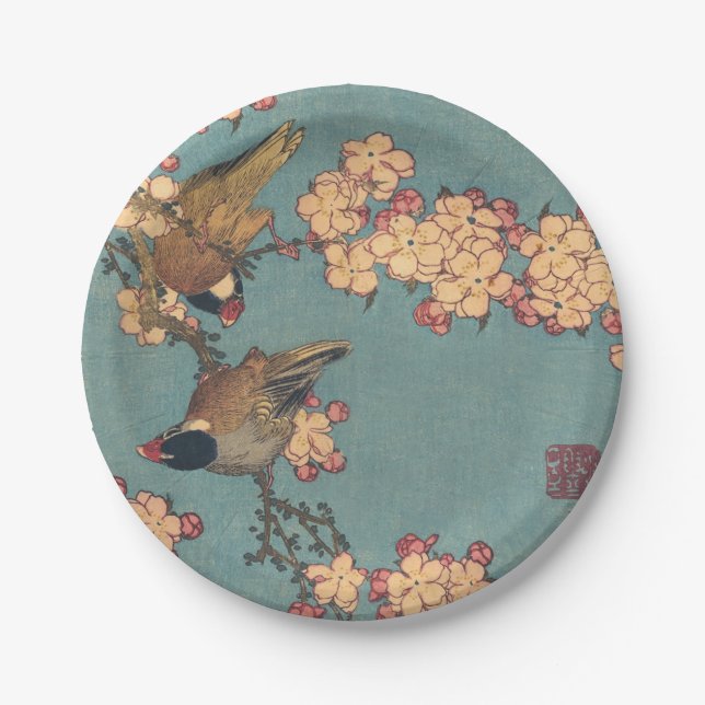Plato De Papel Aves flores Hokusai Arte Japonés (Anverso)