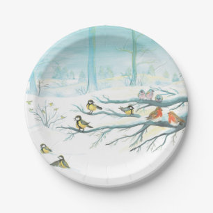 Plato De Papel Aves forestales en invierno